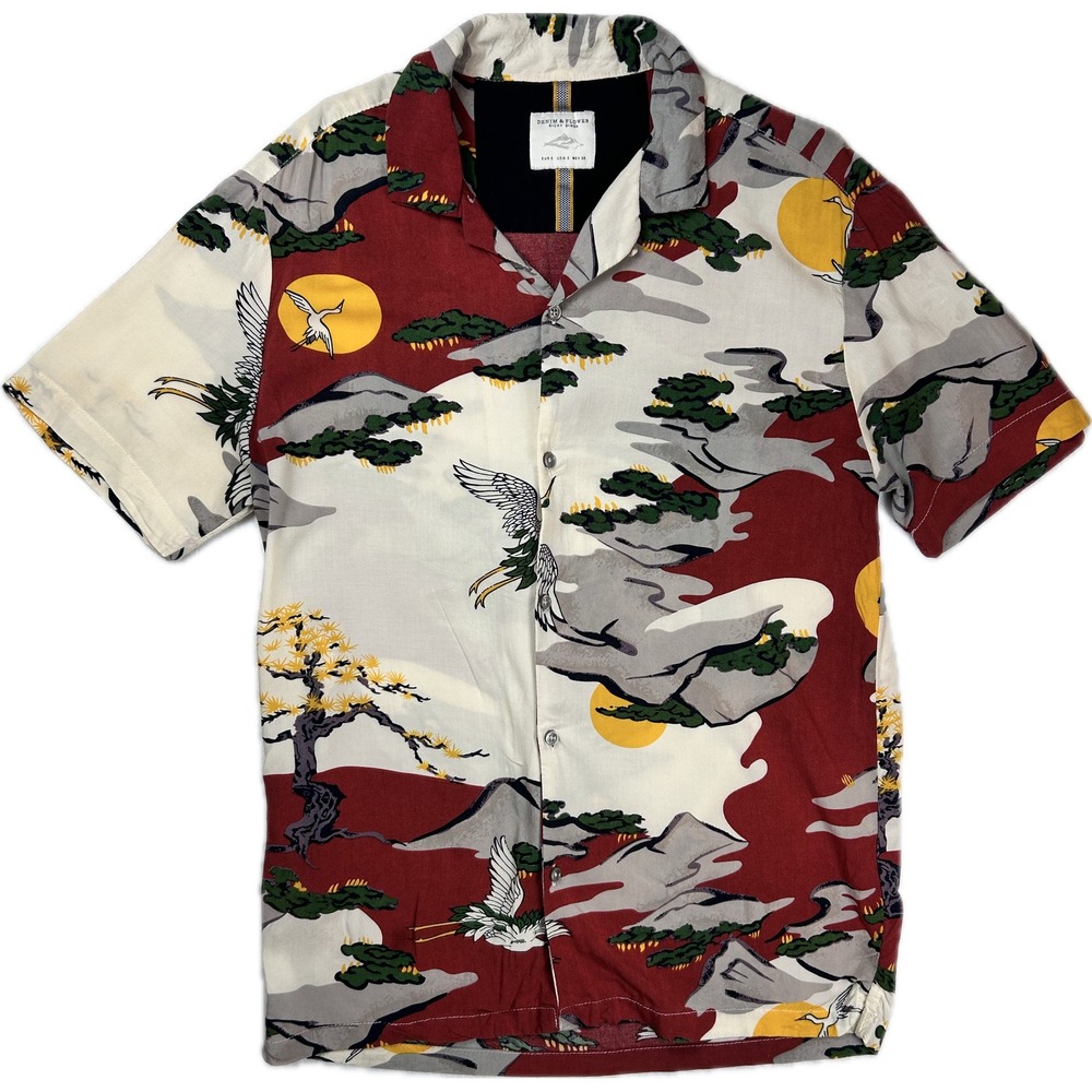 Denim & Flower Ricky Singh Mens S Crane Japanese Scenic Viscose Camp Shirt
